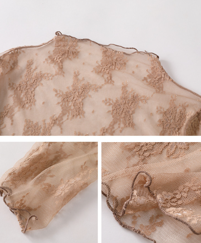 Semi Sheer Mesh Floral Lace Layering See Through Top: Caramel Rosa