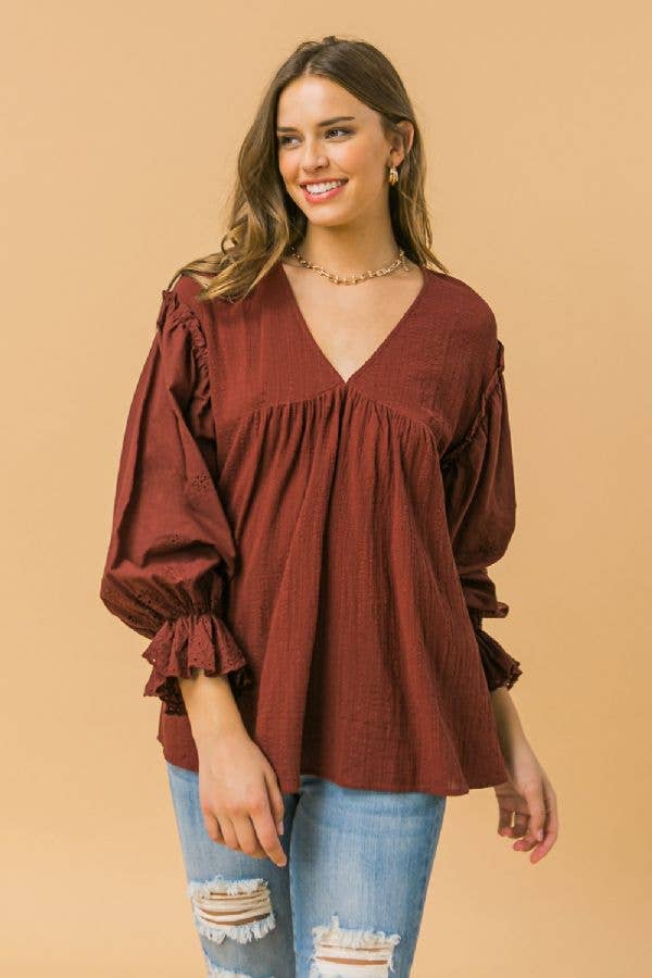 A textured/eyelet combination woven top -LT1150: BURGUNDY Flying Tomato