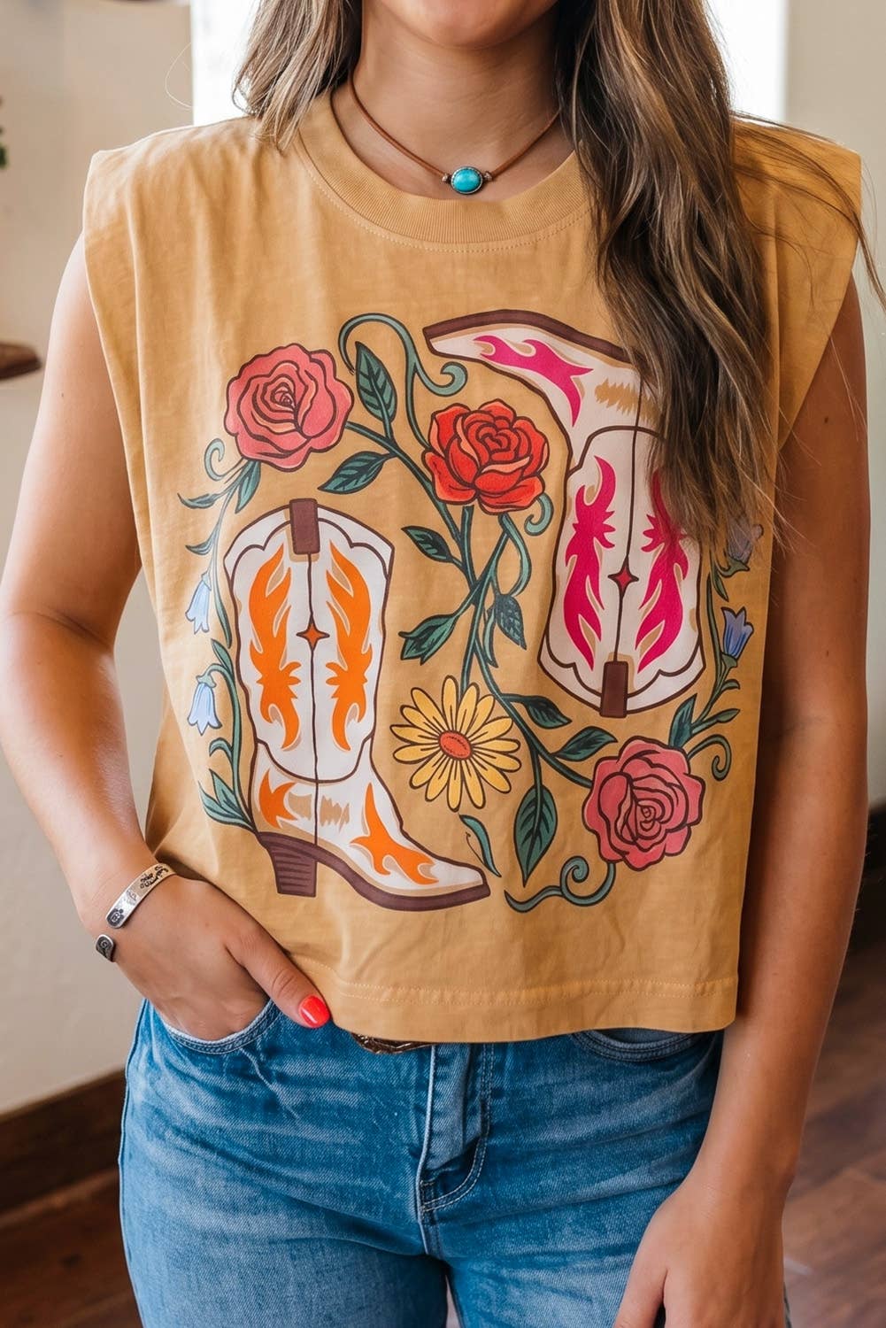 LDC Western Floral Print Sleeveless Round Neck Fit Top: Camel / XL