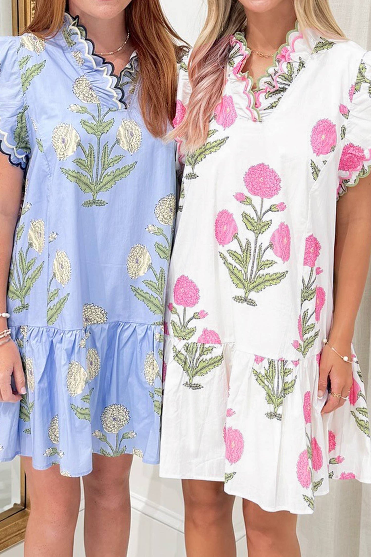 Floral Print Scalloped Trim V Neck Mini Dress Fl