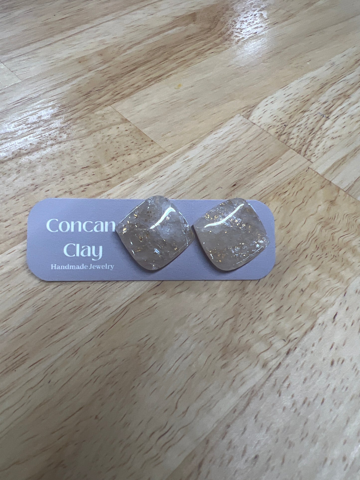 Square Resin Handmade Nude and Gold Stud Earrings