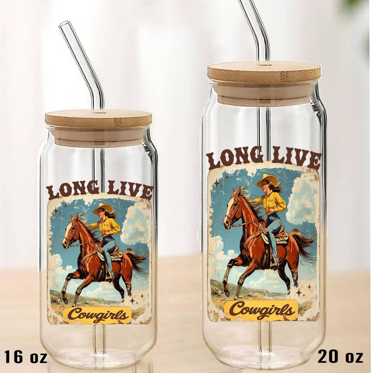 Long Live Cowgirls Western On Glass with Lid and Straw: 16 oz