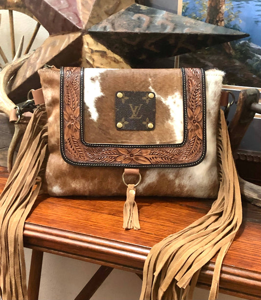 Upcycled LV Cowhide Leather Fringe Crossbody Bag Western Southern Junkie