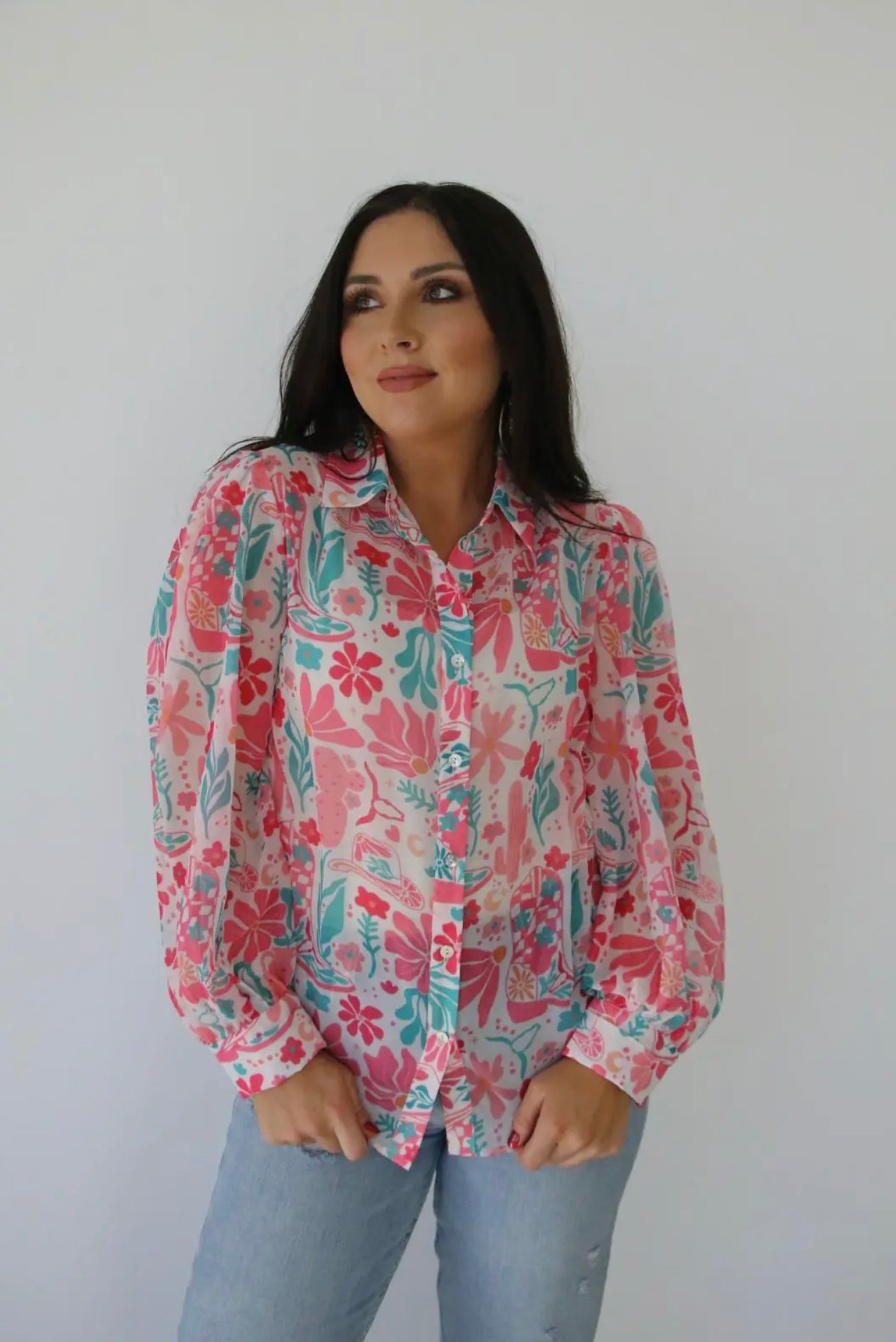 Sheer Western Floral Boho Boot Blouse TH