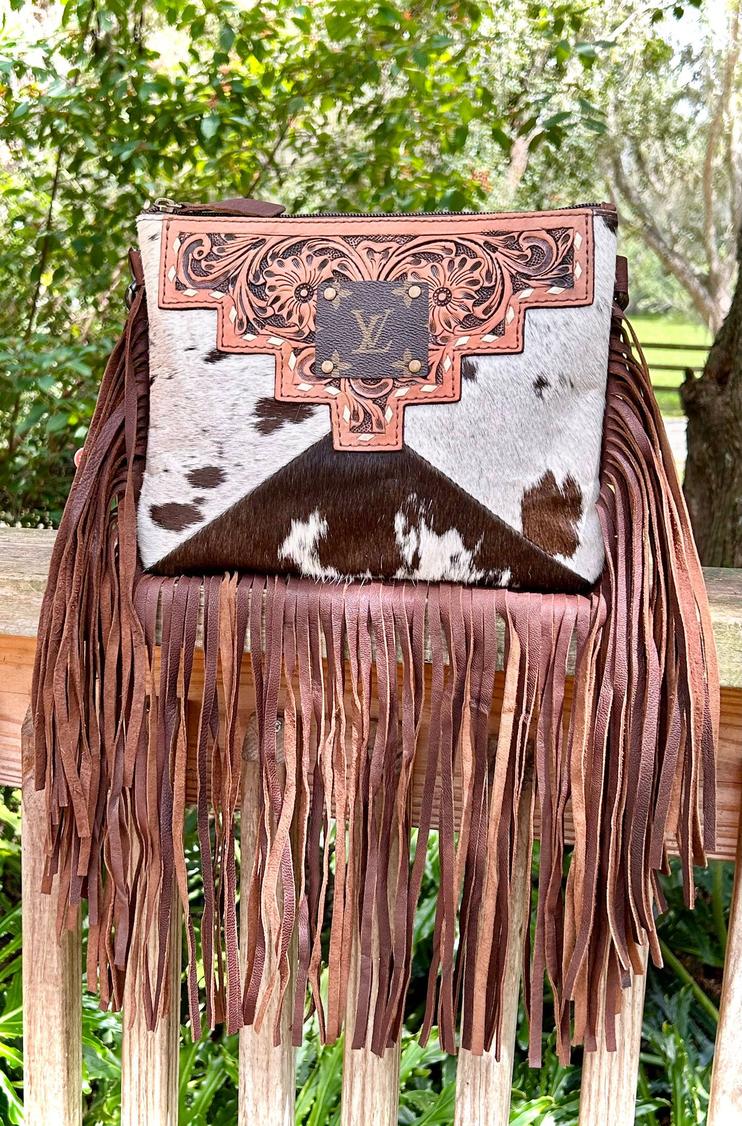 Upcycled LV Cowhide Leather Fringe Crossbody Bag Western southern Junkie