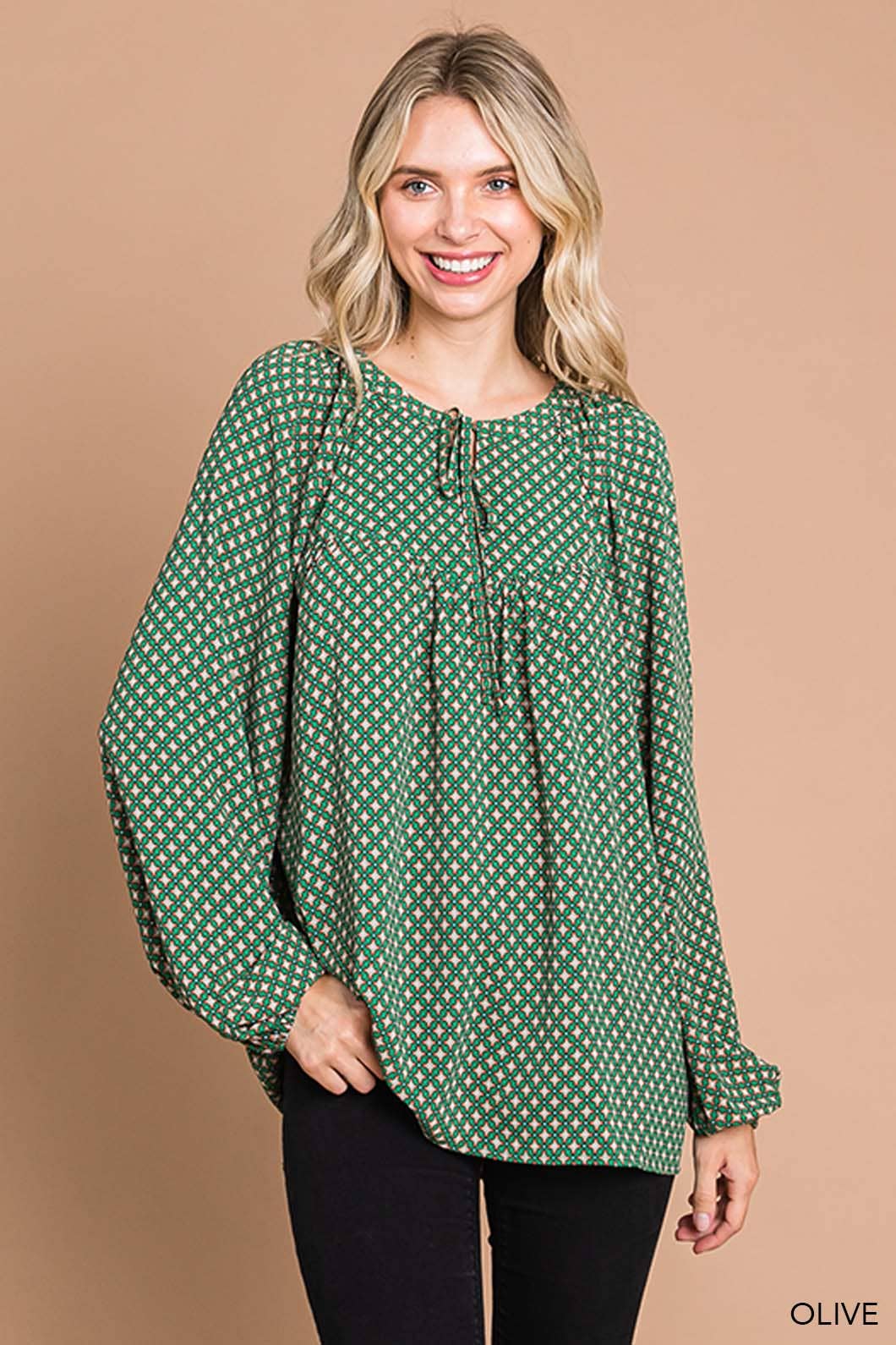 Boho Tile Print Bubble Sleeve Women's Blouse cotton blue