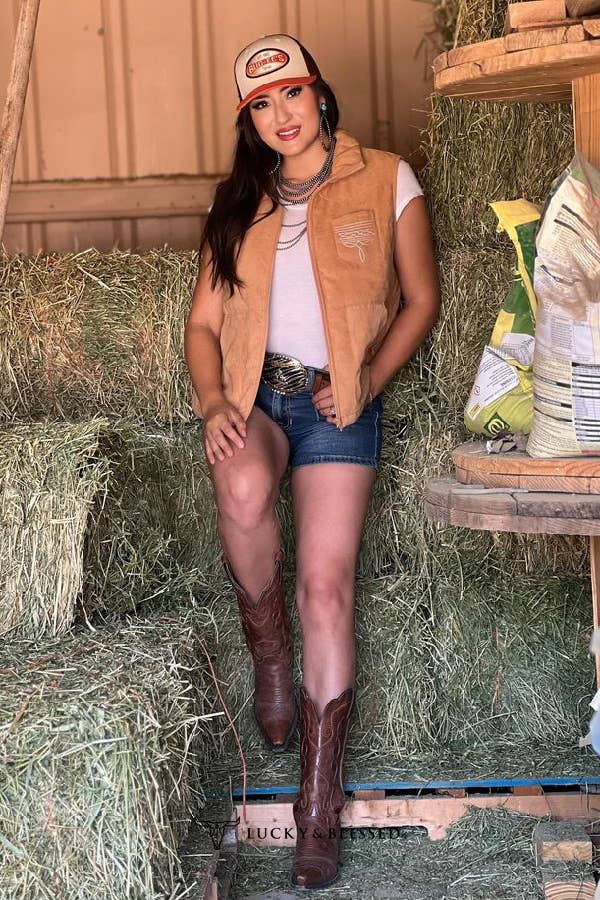 Camel Puffer W Aztec Lining Boot Stitch Detail Vest: