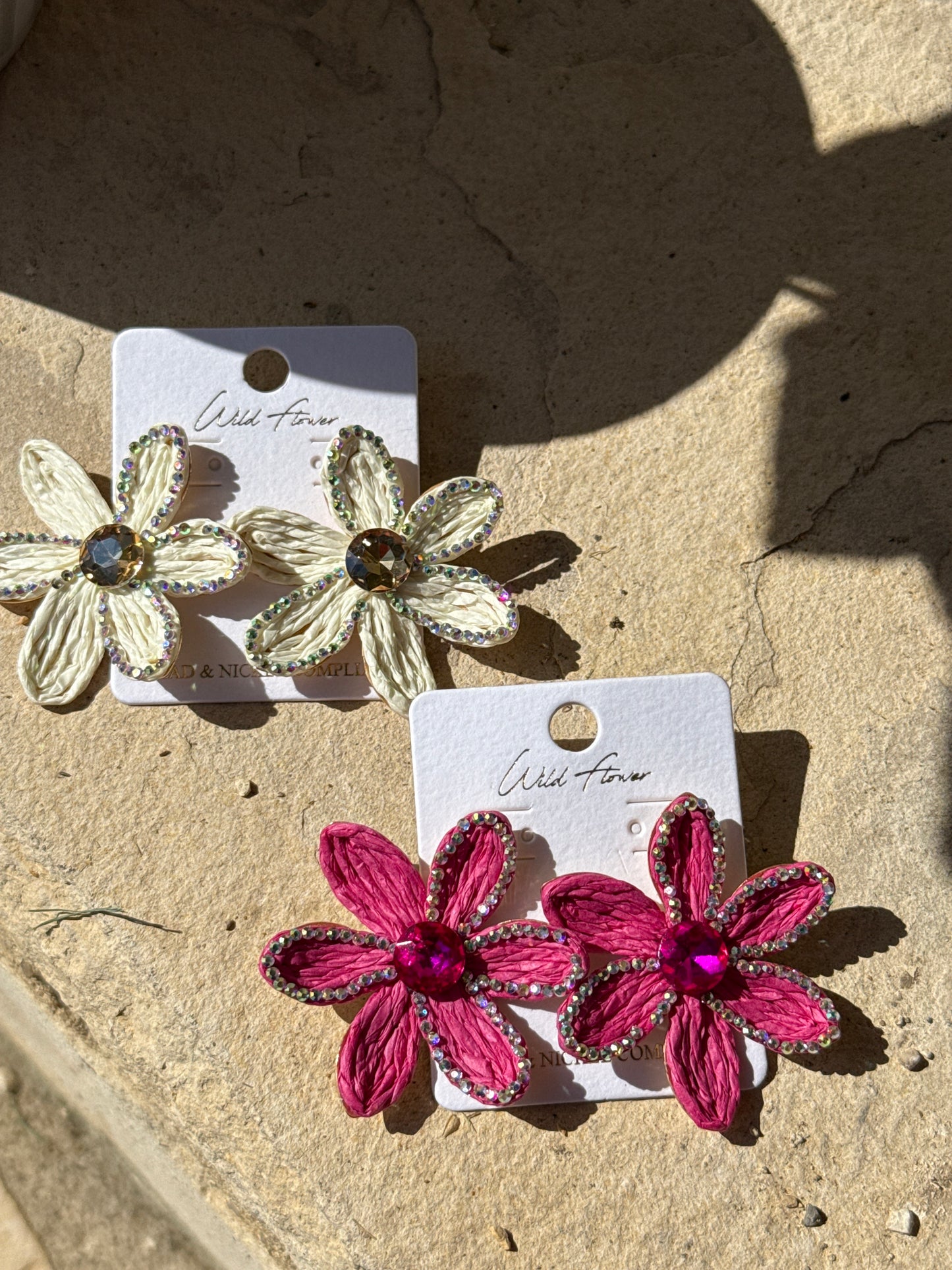 Wild Flower Rattan Earrings with Stone Center