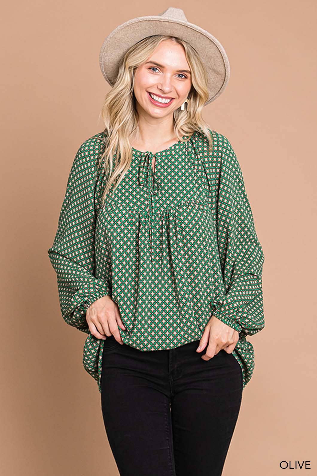Boho Tile Print Bubble Sleeve Women's Blouse cotton blue