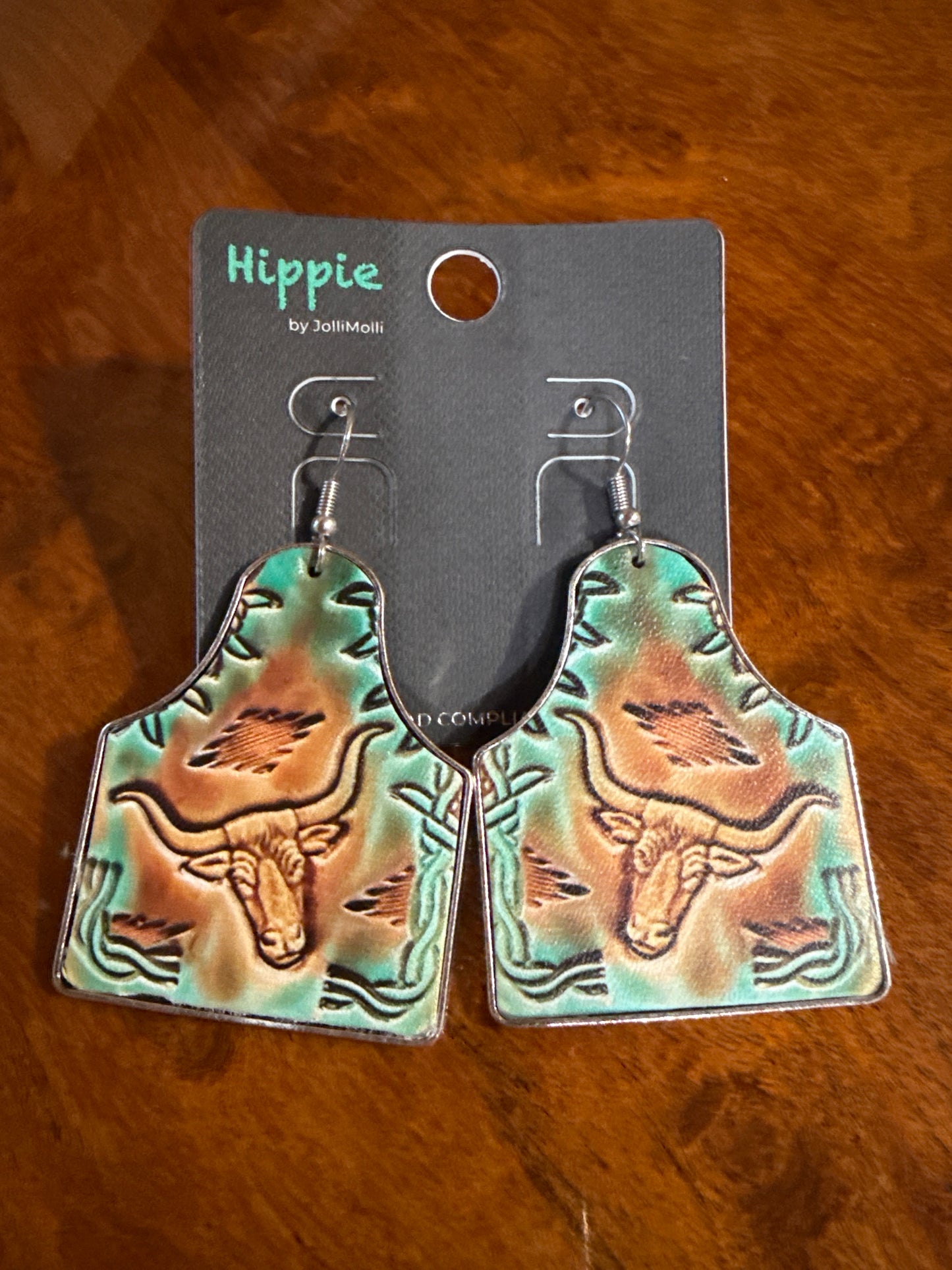 Turquoise and brown steer head cow tag earrings