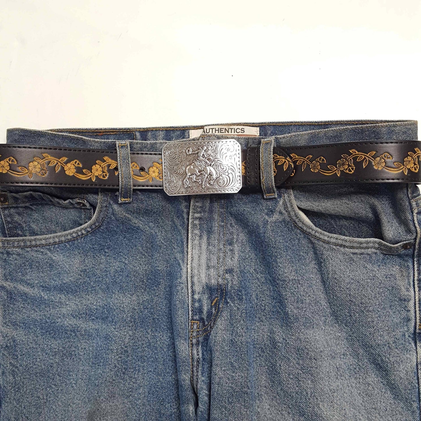 Silver Rodeo Buckle with Vintage floral tooled belt: Black Axesoria