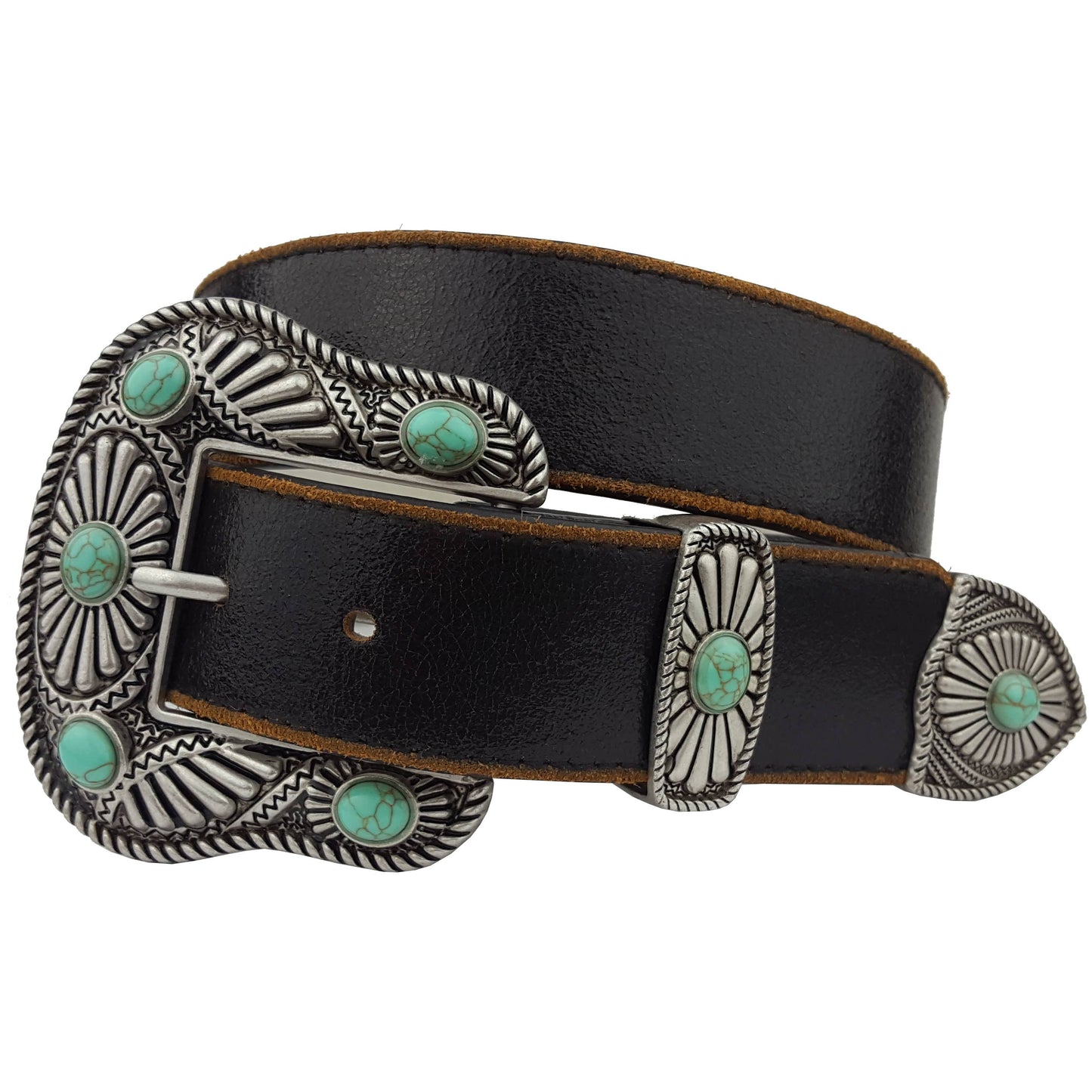 Vintage Leather belt with Western Buckle Set: White w. Blue Stone Axesoria west