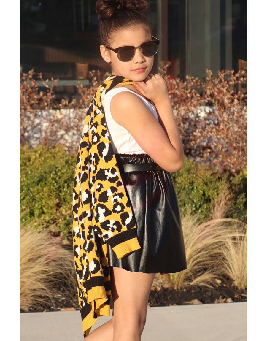 Girl's Sweater Long Cardigan: Leopard Mustard Black White Cutie Patootie