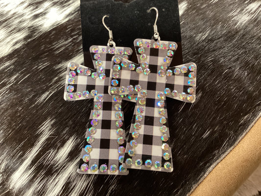 Black And White Checkerboard Cross Earrings