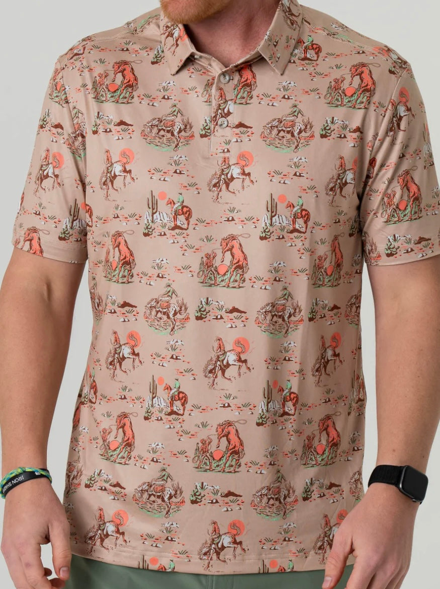 Cowboy Up Khaki Performance Polo Burlebo