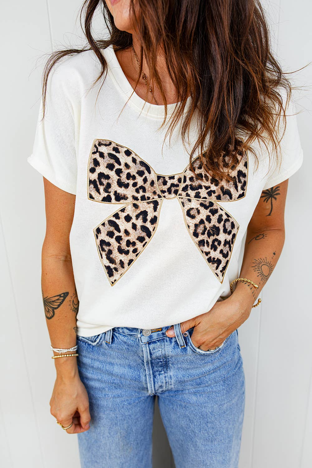 Leopard Bow Embroidered Cotton Round Neck T Shirt| White / LDC