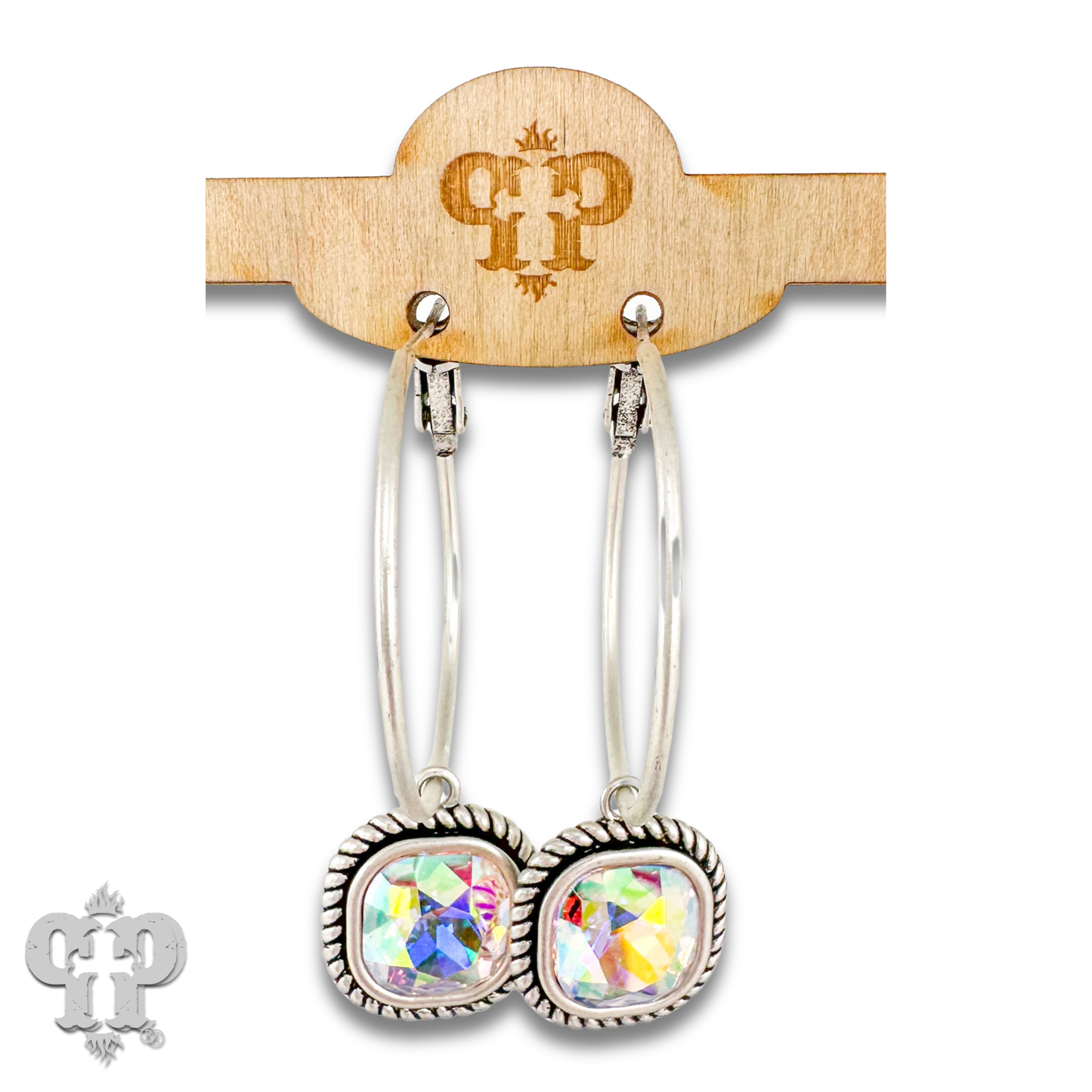 Rope edge square crystal hoop earring: Bronze or Crystal PP