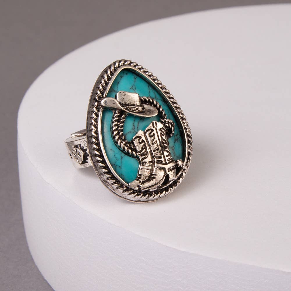 Western Hat & Boot Turquoise Teardrop Stretch Ring: Blue