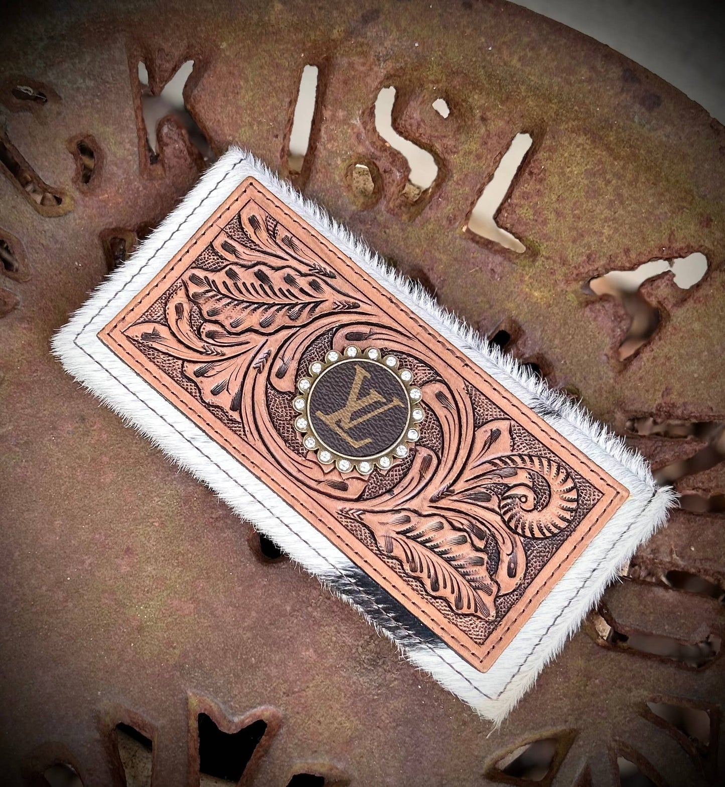 Upcycled LV Tooled Leather Cowhide Wallet Card Holder Boho Southern Junkie