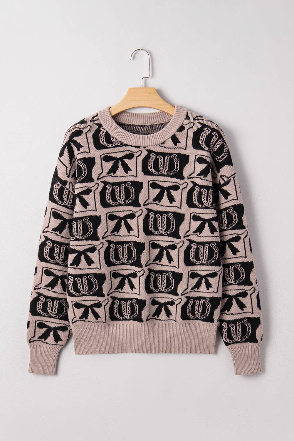 Bows & Horseshoes Pattern Western Sweater Black/ Tan 66