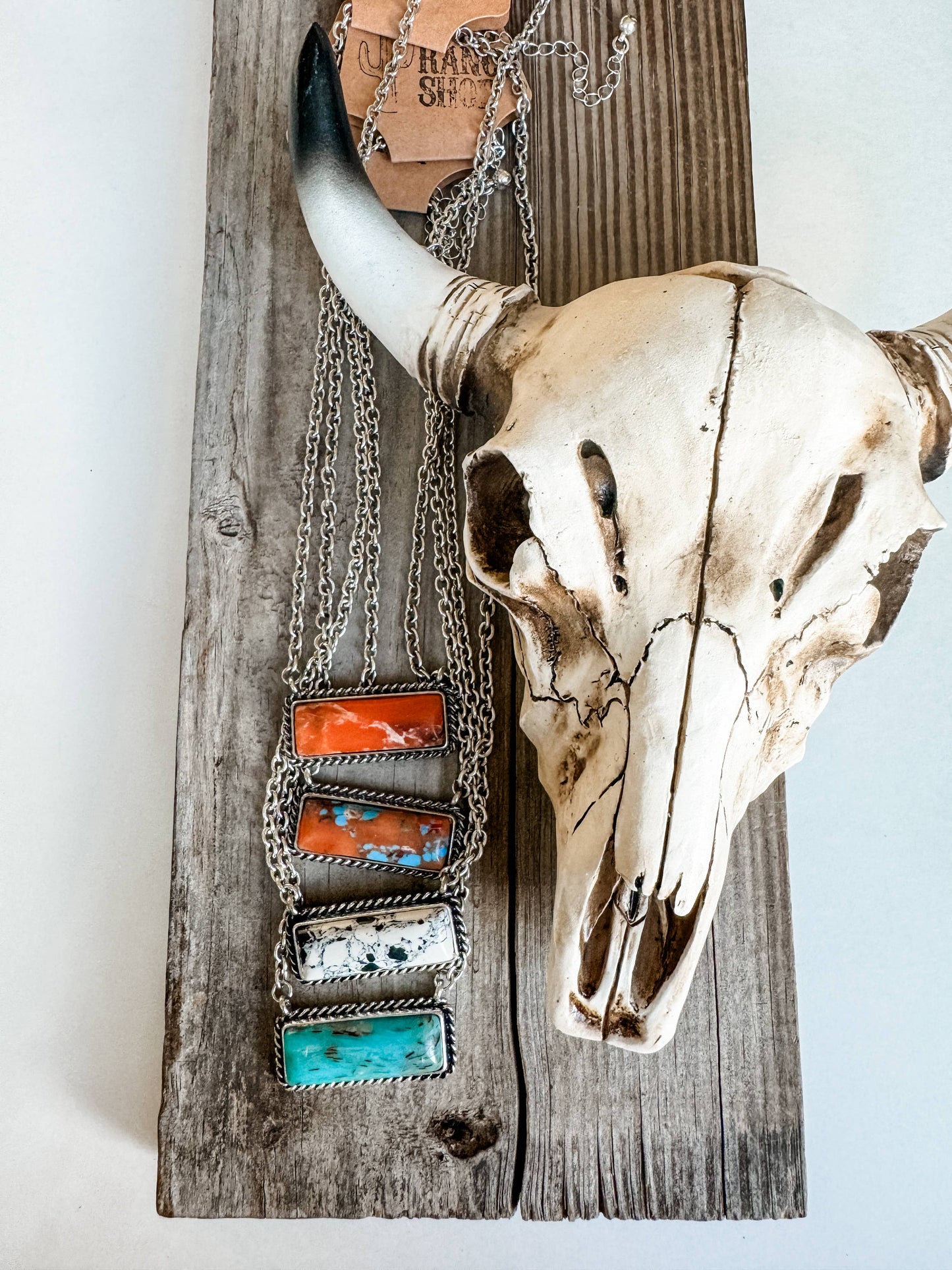 Western Semi Stone Bar Necklace: ORANGE\ TURQUOISE, Turquoise Brown, or Turquoise