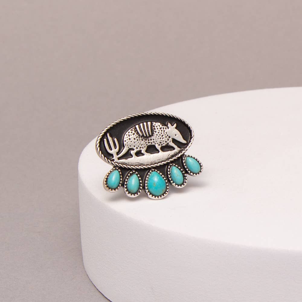 Western Oval Armadillo Cactus Adjustable Cuff Ring