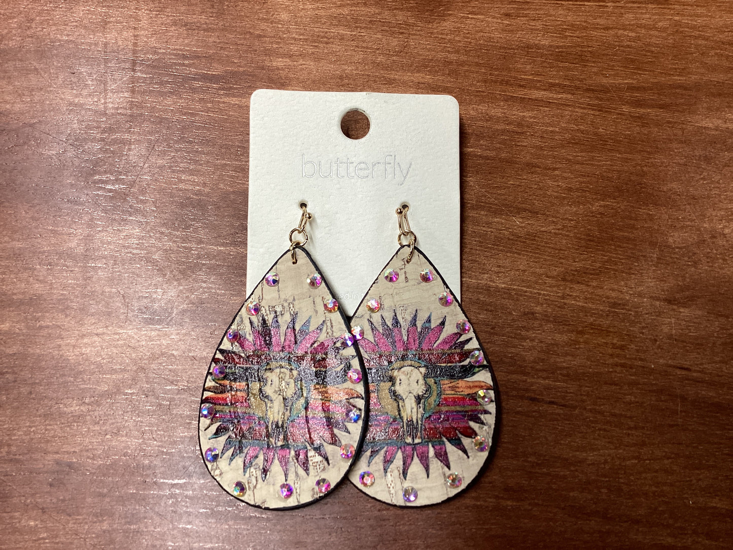 Teardrop wood multi color cow head earrings