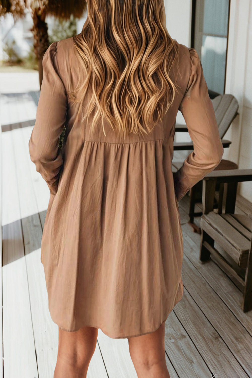 Lace Trim Peter Pan Collar Long Sleeve Shirt Dress (S-XL): Brown 66