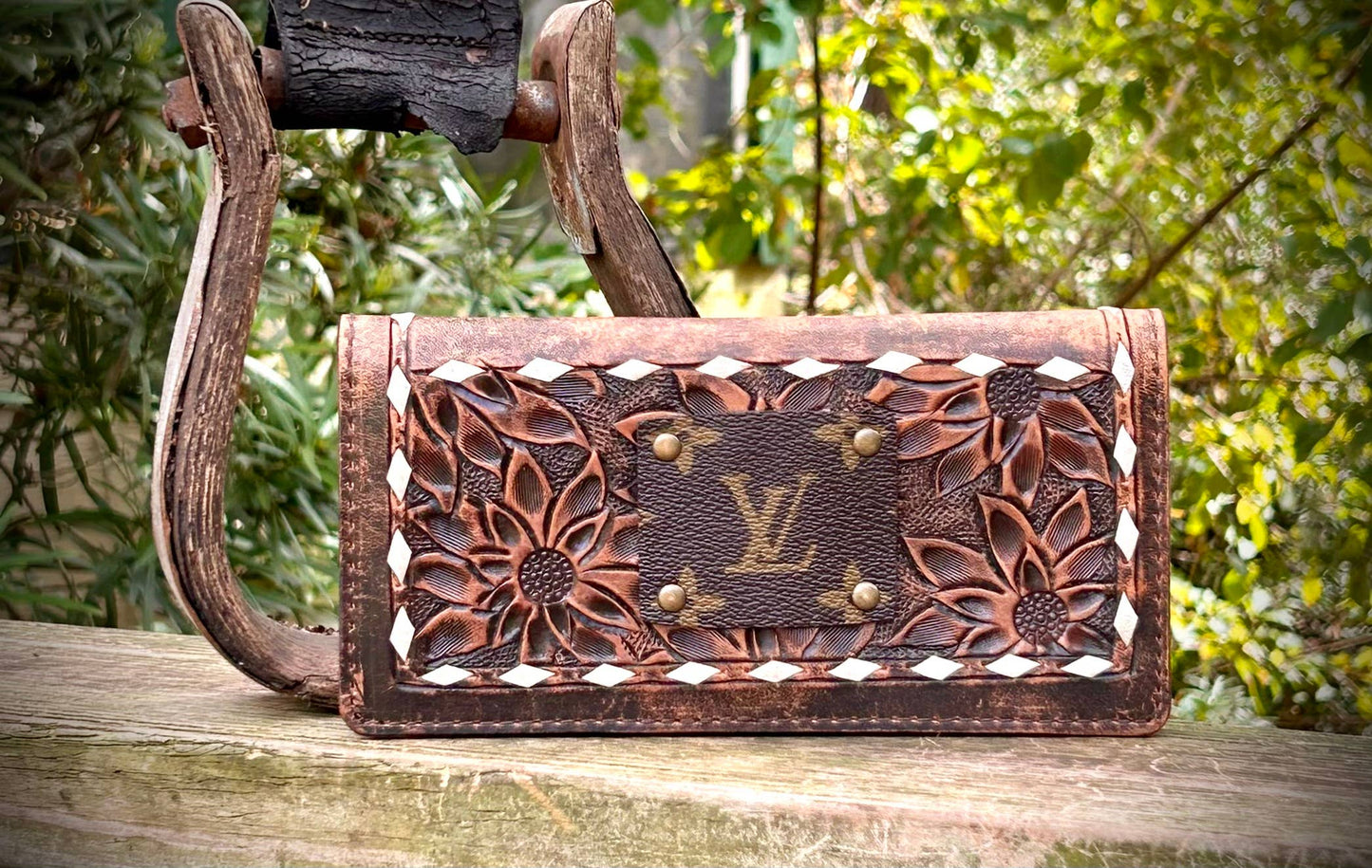Upcycled LV Hand Tooled Leather Wallet Organizer Western Southern Junkie