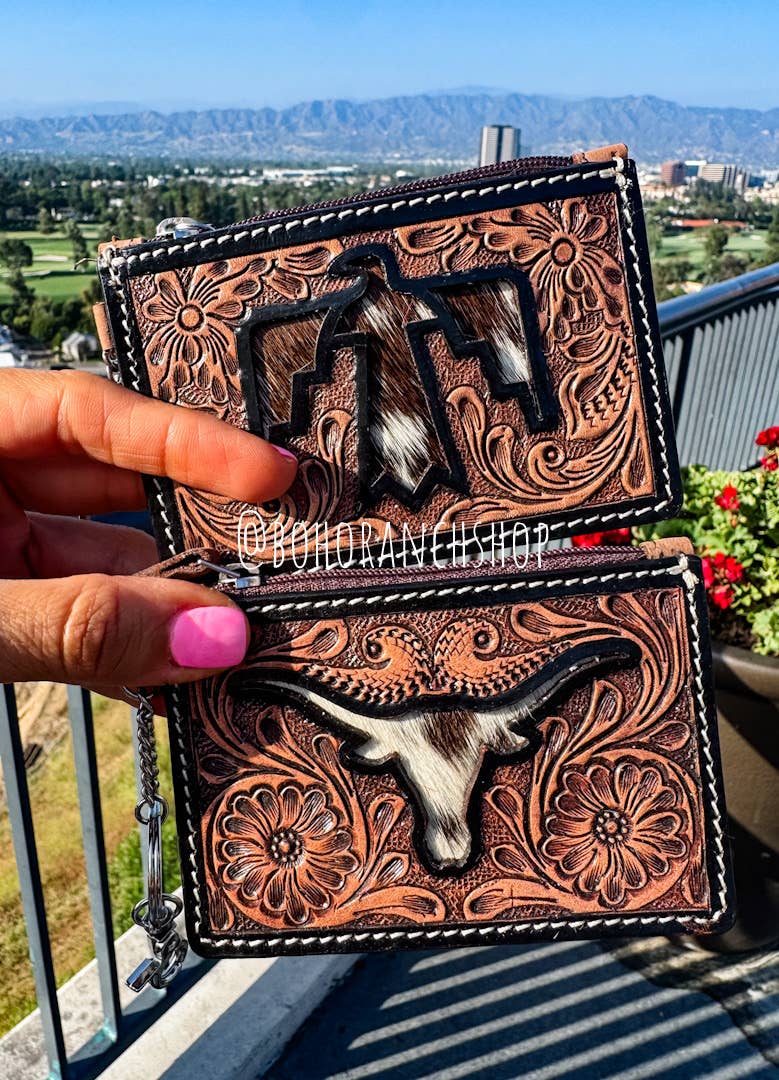 Longhorn Freebird Western Cowhide Leather Keychain Wallet: LONGHORN OR THUNDERBIRD