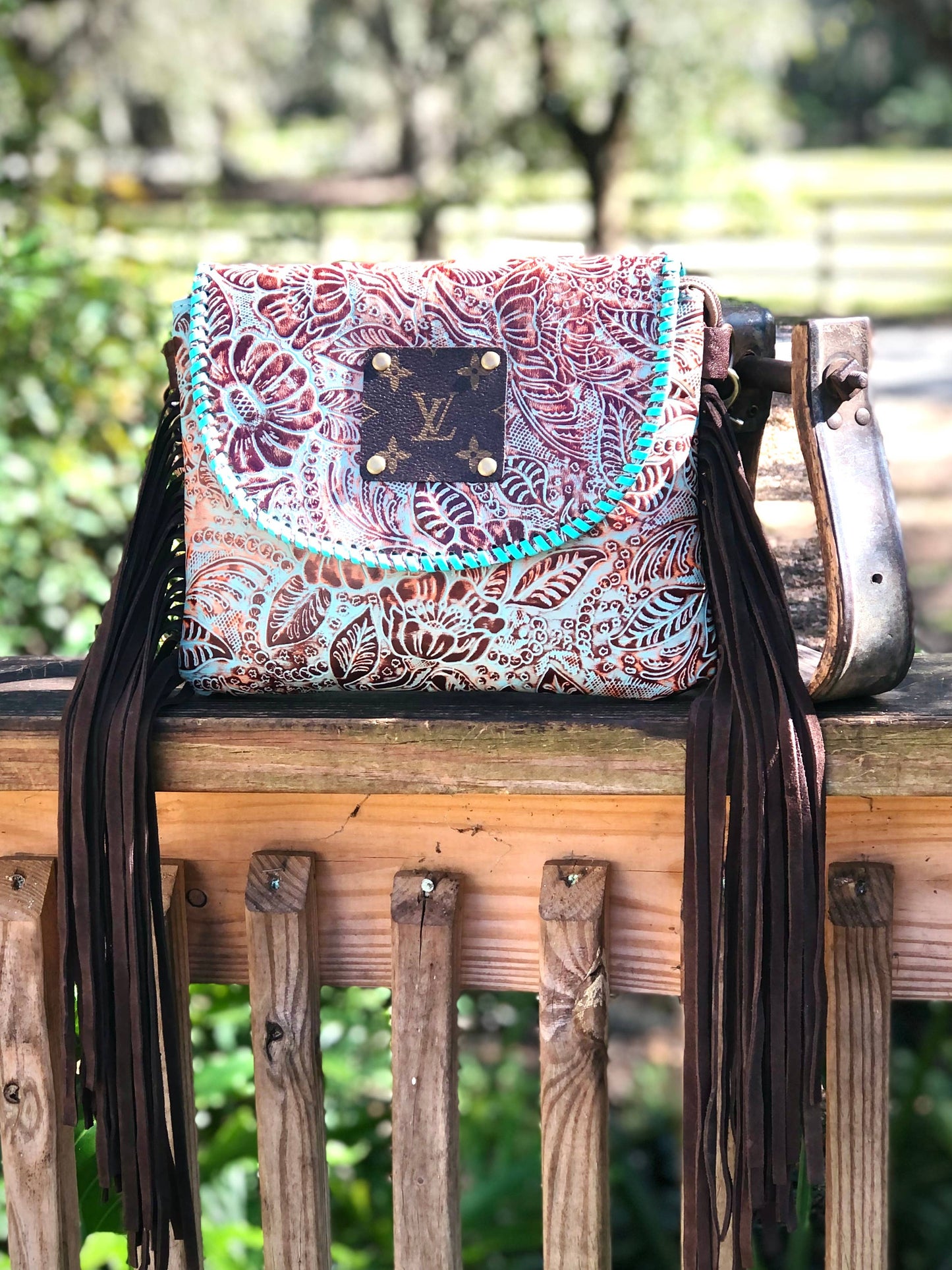 Upcycled LV Leather Fringe Crossbody Bag Western Boho Southern Junkie