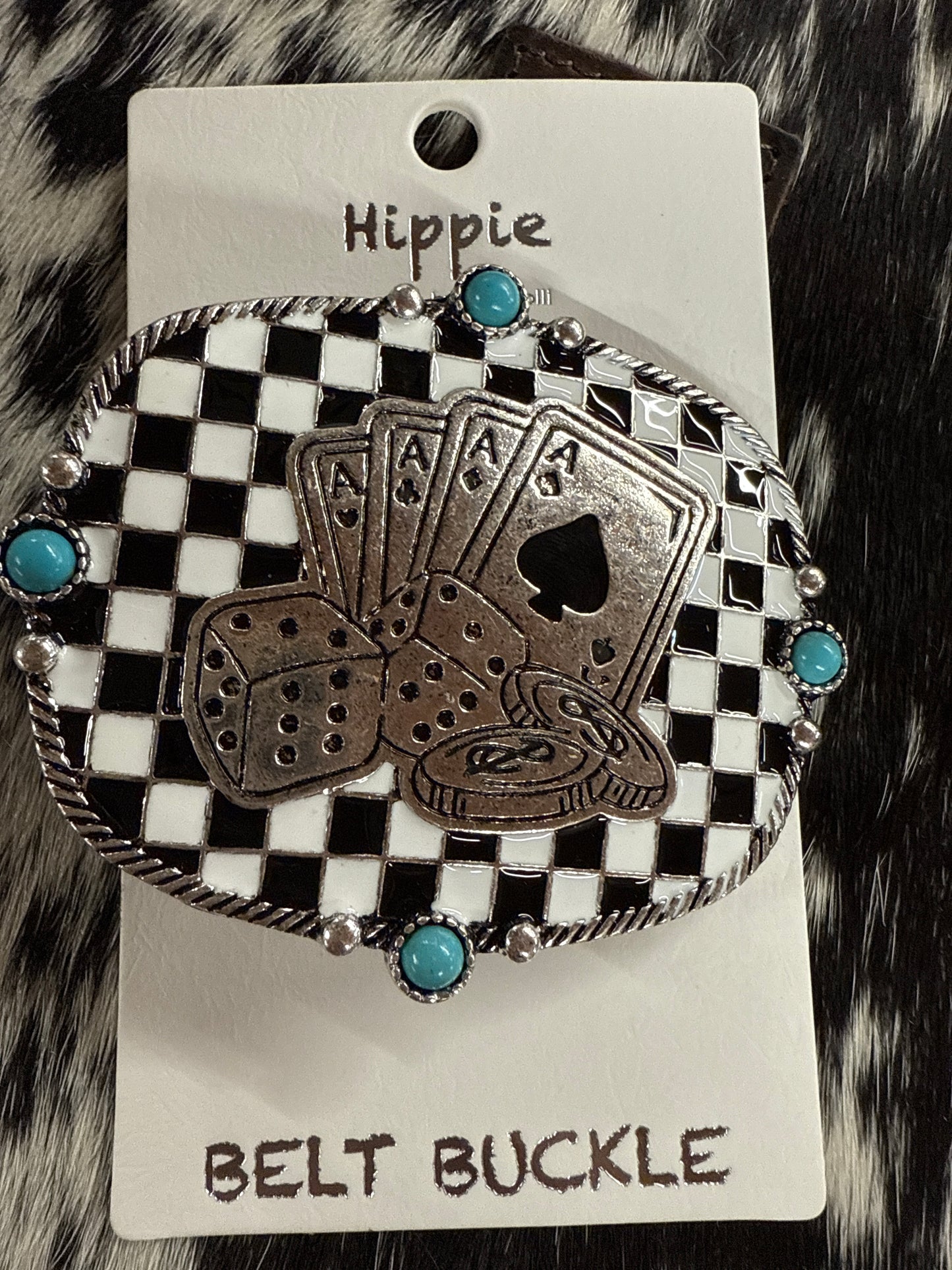 Aces checkerboard Belt Buckle with Turquoise Stones