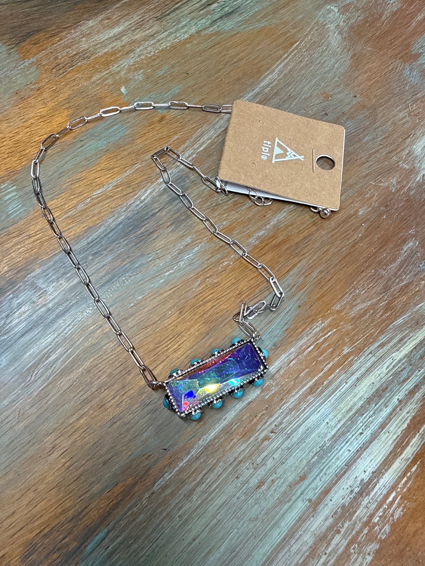 Crystal Rectangle Tipi Necklace with Turquoise Stones