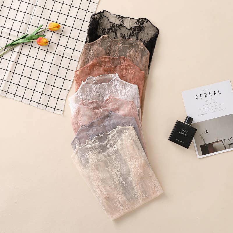 Semi Sheer Mesh Floral Lace Layering See Through Top: Caramel Rosa