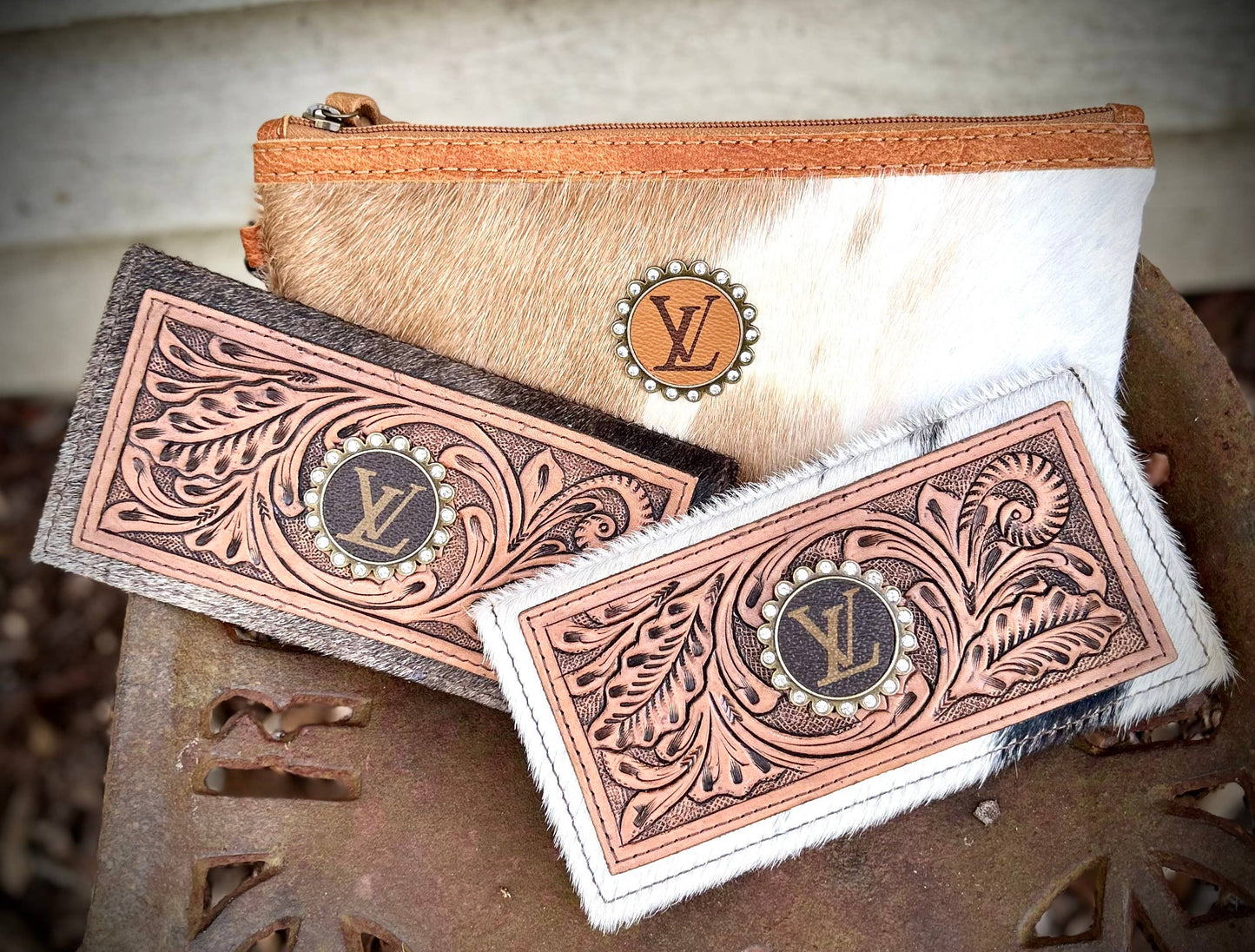 Upcycled LV Tooled Leather Cowhide Wallet Card Holder Boho Southern Junkie