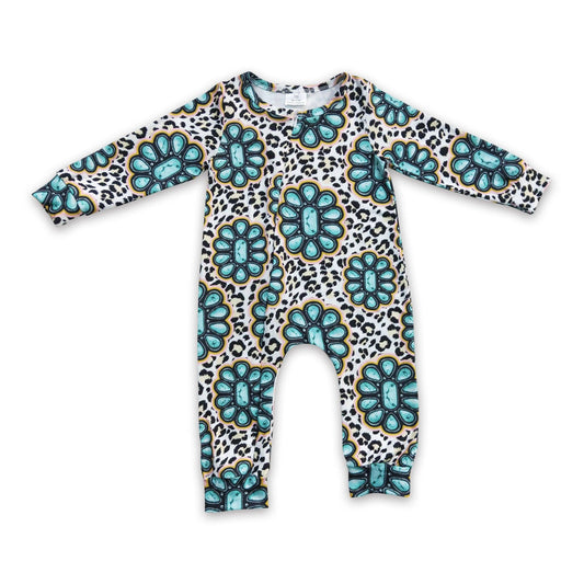 Turquoise leopard baby kids western footed zipper coverall: Yawoo
