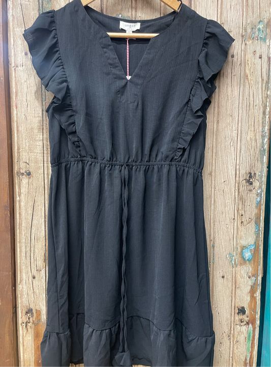 Black V Neck Ruffle Sleeve Dress