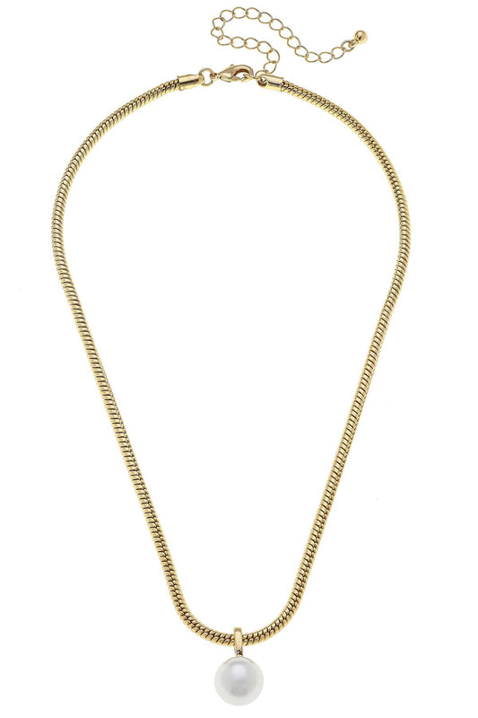 Brooklyn Pearl Pendant Necklace in Ivory & Worn Gold Canvas