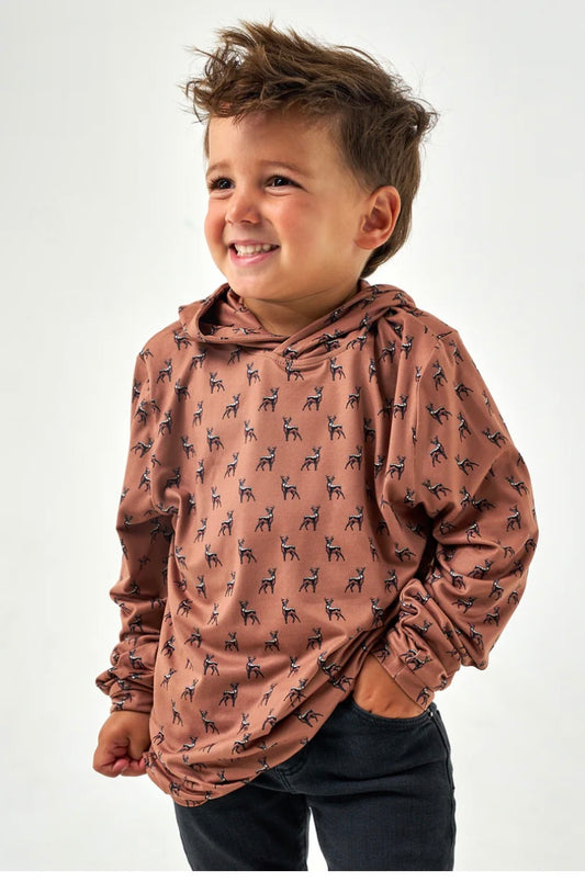 Whitetail Deer Youth Performance Hoodie Brown UPF 50 Sun Protection Burlebo