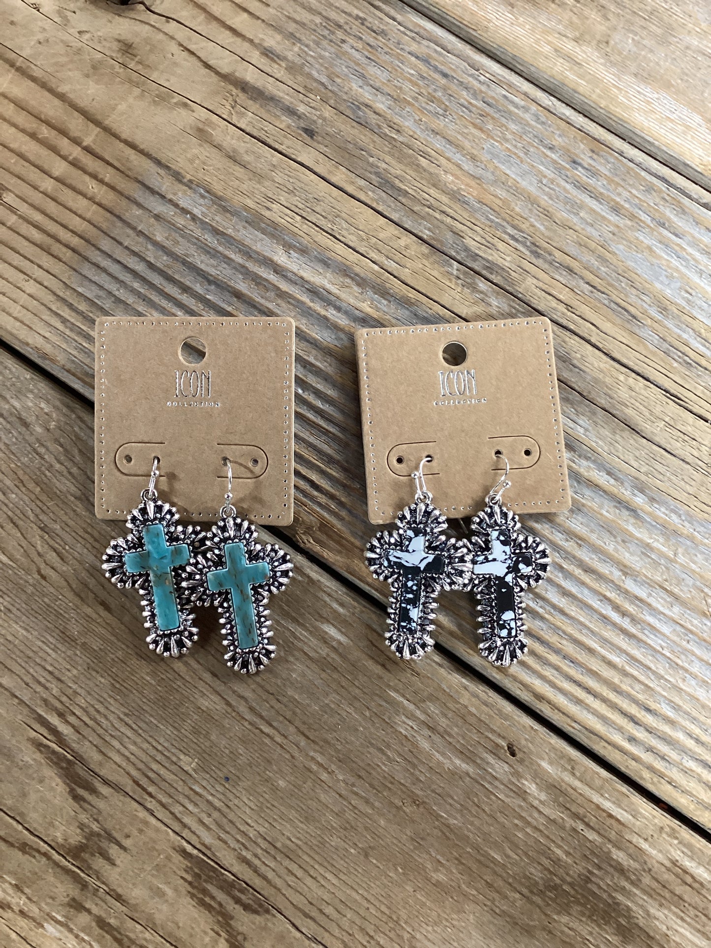 Marbled cross gun metal trim earrings