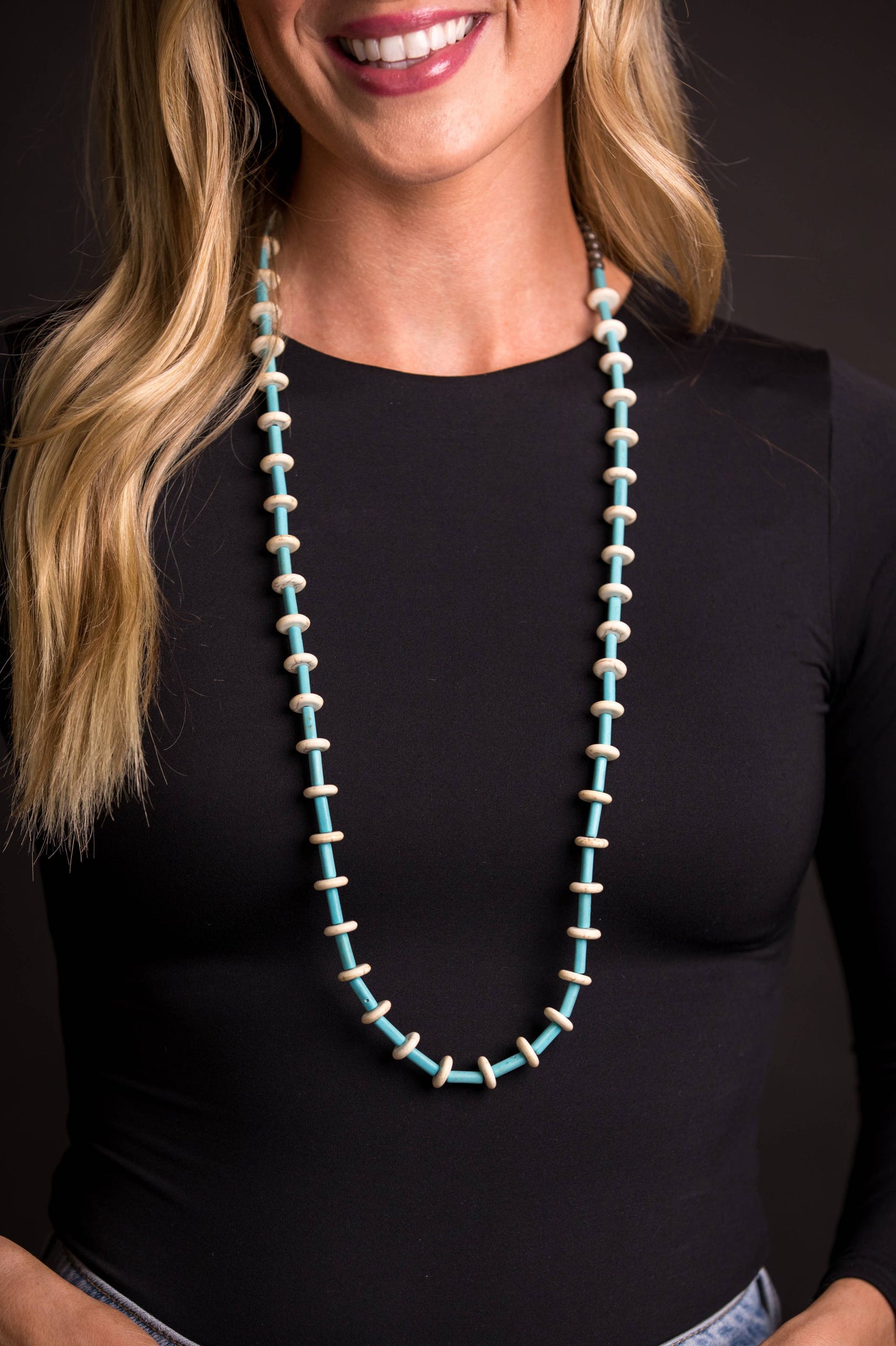 36" Turquoise Tube and Ivory Disc Beaded Necklace