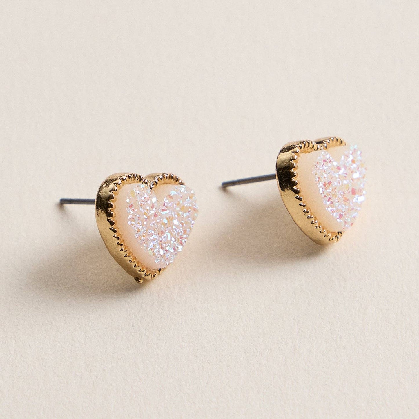 Elegant Gold-Trimmed Druzy Heart Stud Earrings: White/ Red / or Iridescent Shimmer Frem