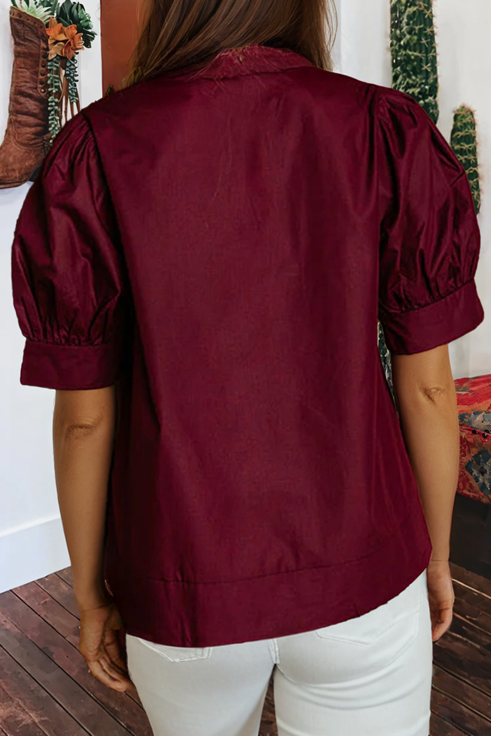 Rivet Embellished V Neck Short Puff Sleeve Blouse: Burgundy Fashionw