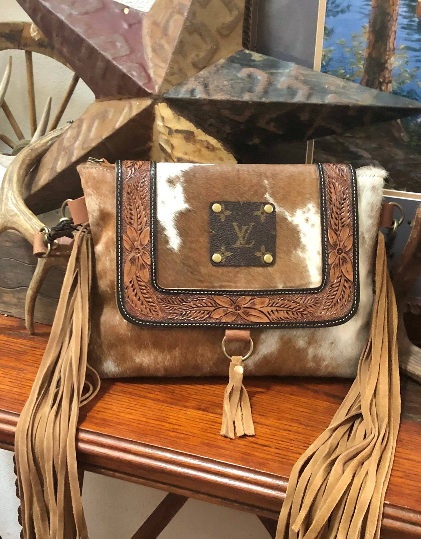 Upcycled LV Cowhide Leather Fringe Crossbody Bag Western Southern Junkie