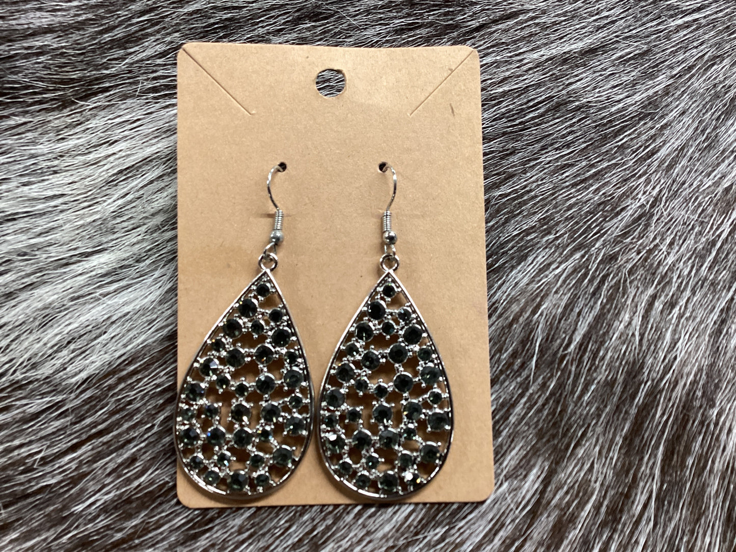 Silver teardrop earrings with black rhinestone
