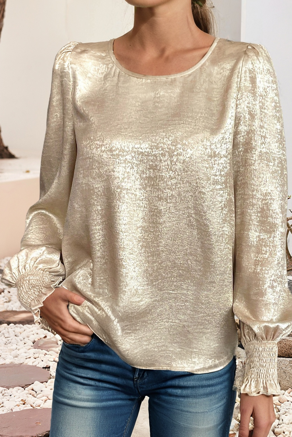 Metallic Round Neck Smocked Long Sleeve Blouse|LDC