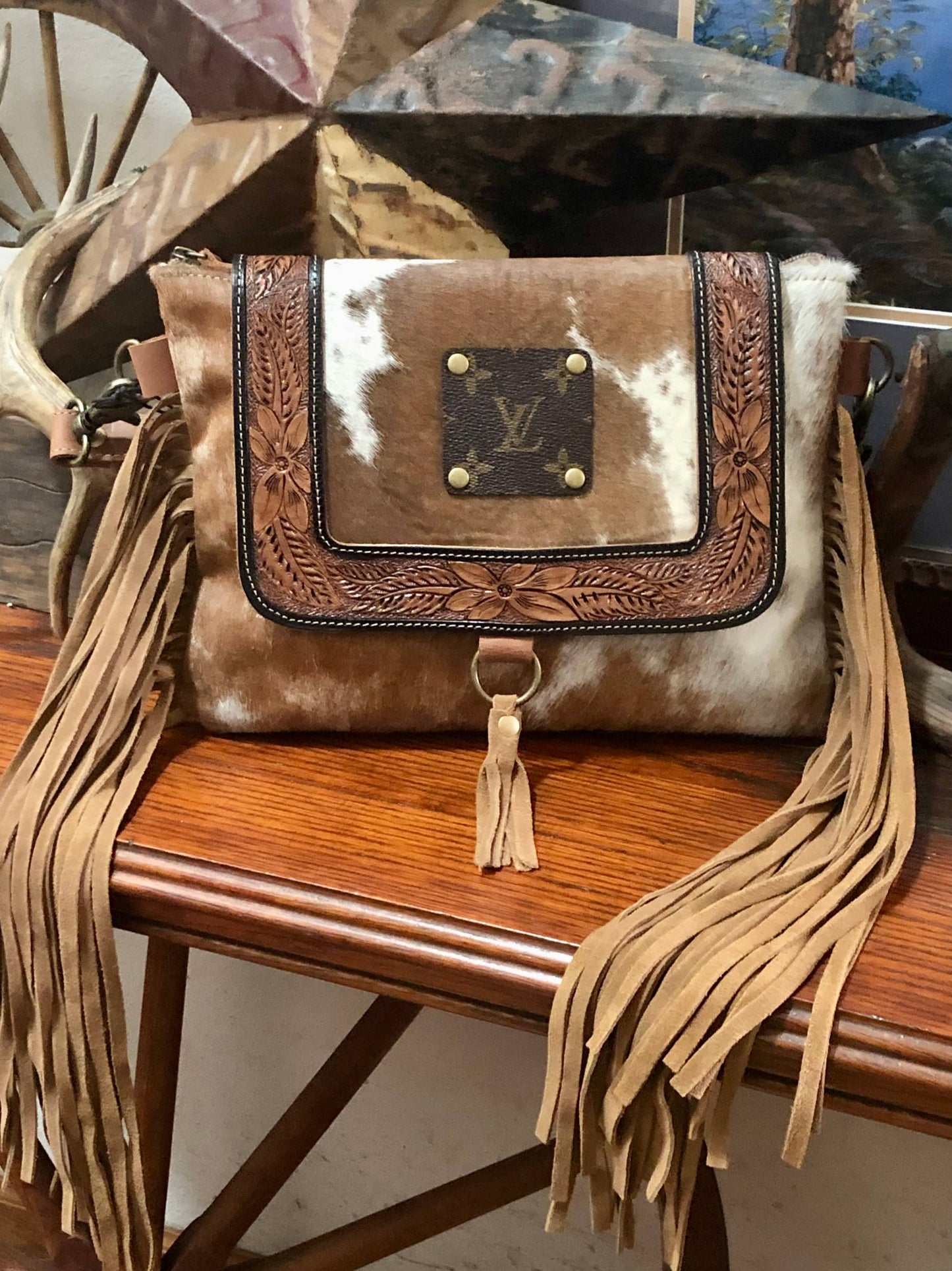 Upcycled LV Cowhide Leather Fringe Crossbody Bag Western Southern Junkie