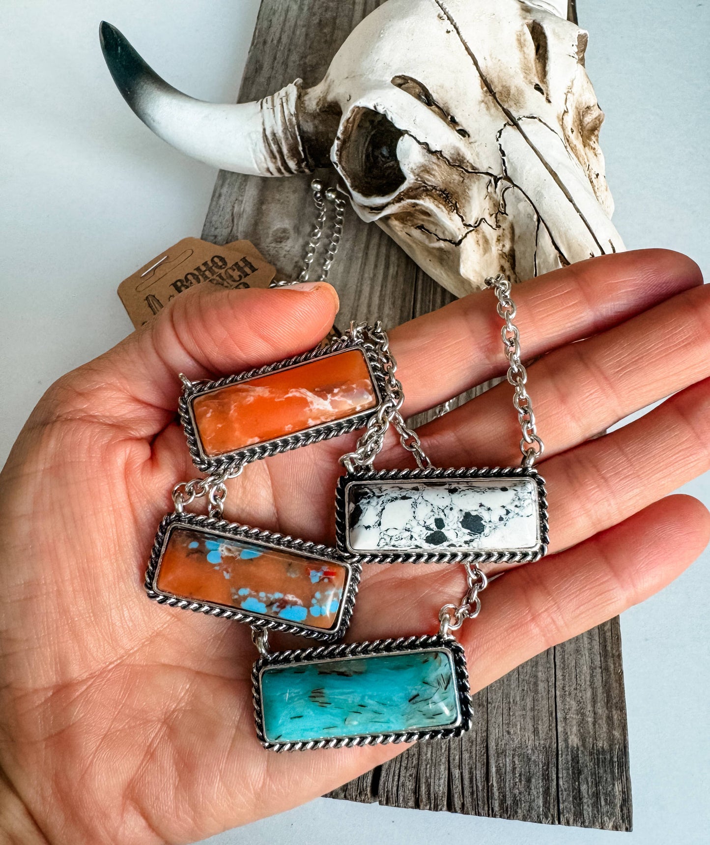 Western Semi Stone Bar Necklace: ORANGE\ TURQUOISE, Turquoise Brown, or Turquoise