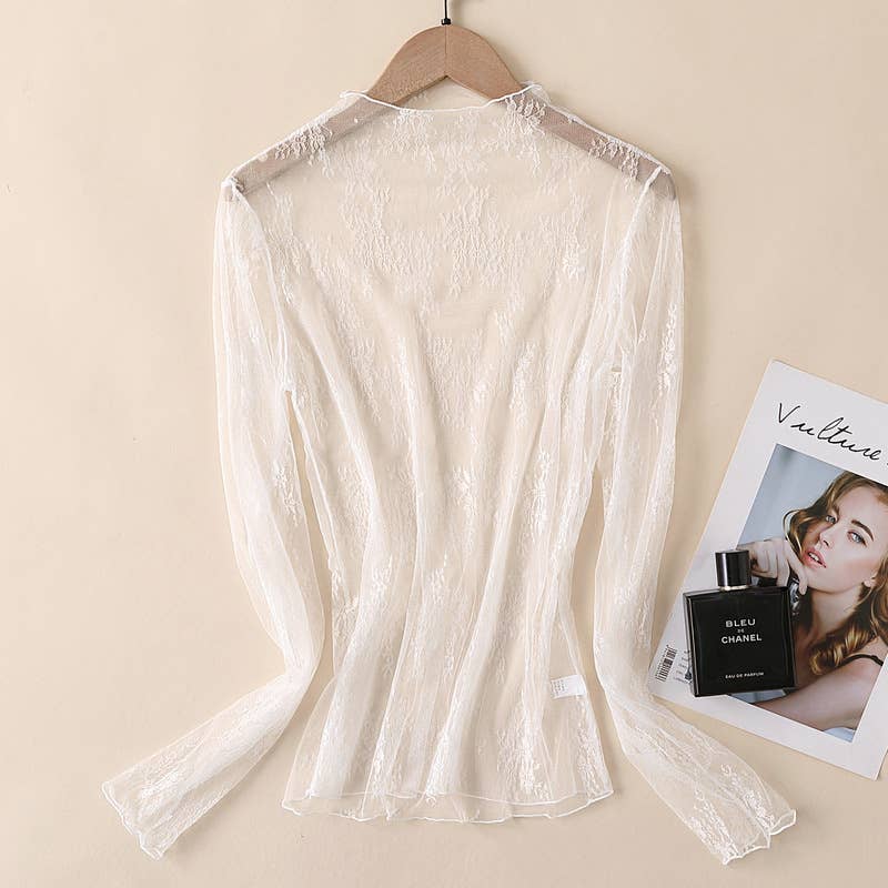 Semi Sheer Mesh Floral Lace Layering See Through Top: Caramel Rosa