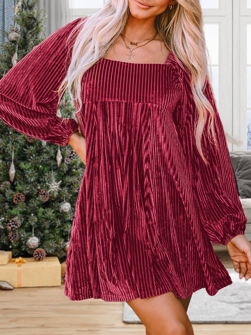 Tie Back Square Neck Velvet Babydoll Dress: Red 1 The Woman - Medium Tie Back Square Neck Velvet Babydoll Dress: Red 1 The Woman - Medium
